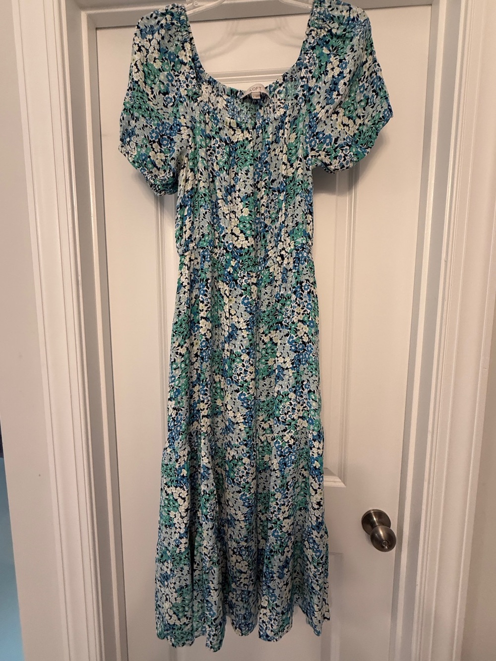 LOFT Blue and Green Floral Puff-Sleeve Maxi Dress